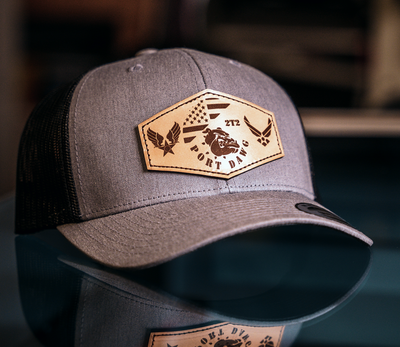 Custom Logo Leather Patch Hat on a yupoong trucker snapback