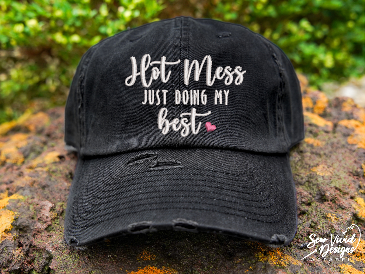 Hot Mess Just Doing My Best Hat Distressed Baseball Cap or Ponytail Hat Navy Ponytail