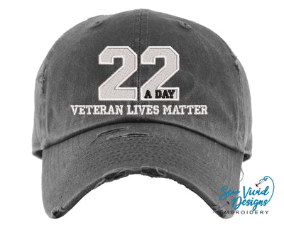 22 A Day | Distressed Baseball Cap OR Ponytail Hat - Veteran Suicide Awareness - Sew Vivid Designs
