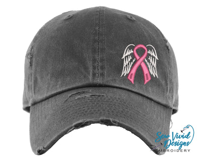 Cancer Ribbon with Wings Hat | Distressed Baseball Cap OR Ponytail Hat - Sew Vivid Designs