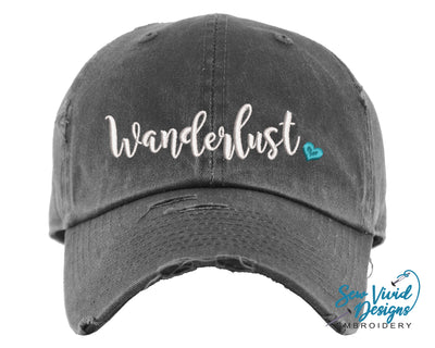 Wanderlust w/ Heart Distressed Baseball Cap OR Ponytail Hat - Sew Vivid Designs