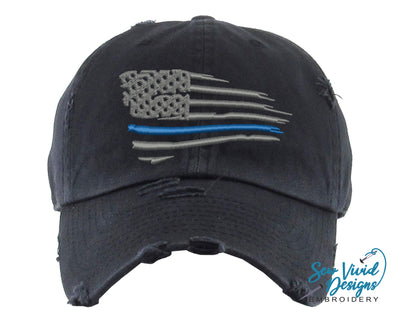 Waving Thin Blue Line Distressed Baseball Cap OR Ponytail Hat - Sew Vivid Designs