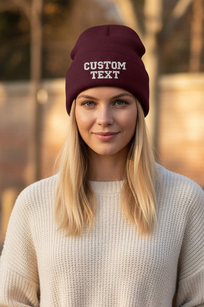 custom text embroidered flip cuff beanie, 100% acrylic unisex adult sized beanie in multiple color options.