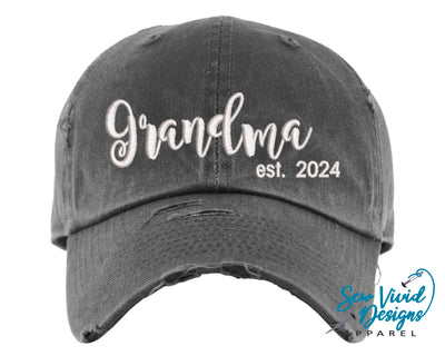 Grandma Est. 2024 Distressed Baseball Cap OR Ponytail Hat - Sew Vivid Designs