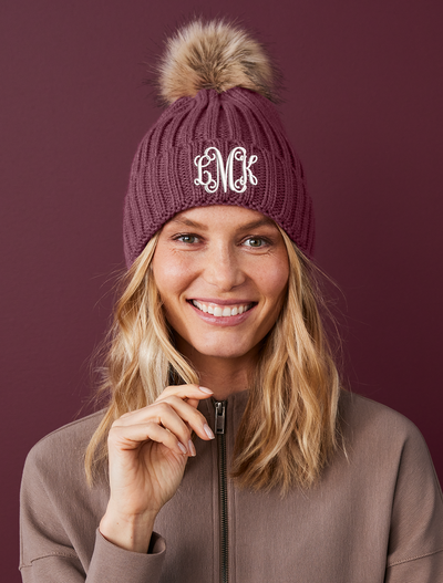 custom monogrammed pom pom beanie for women, embroidered initials on beanie