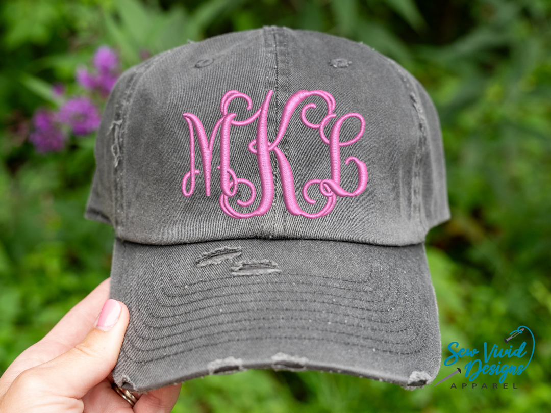 Monogrammed Distressed Baseball Cap OR Ponytail Hat Sew Vivid Designs