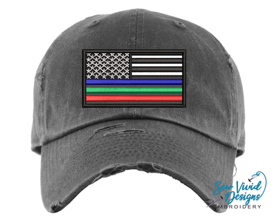 Three Color Thin Blue Line Distressed Baseball Cap OR Ponytail Hat, Green & Red Line - Sew Vivid Designs