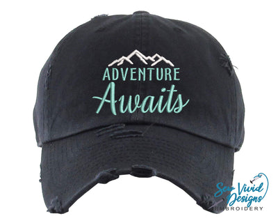 Adventure Awaits Distressed Baseball Cap OR Ponytail Hat - Sew Vivid Designs