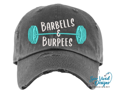 Barbells and Burpees Distressed Baseball Cap OR Ponytail Hat - Sew Vivid Designs