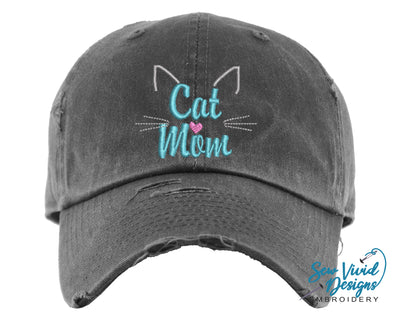 Cat Mom Hat (w/ nose) | Distressed Baseball Cap OR Ponytail Hat - Sew Vivid Designs