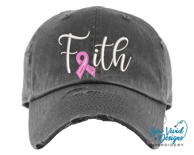 Cancer Ribbon Faith Distressed Baseball Cap OR Ponytail Hat - Sew Vivid Designs