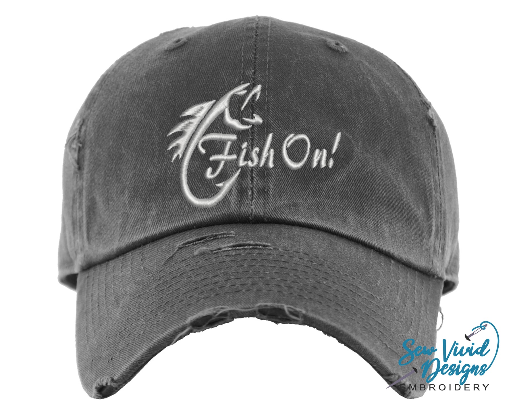 Fish On! Hat | Distressed Baseball Cap or Ponytail Hat | Fishing Hat Dk Grey Mesh Ponytail