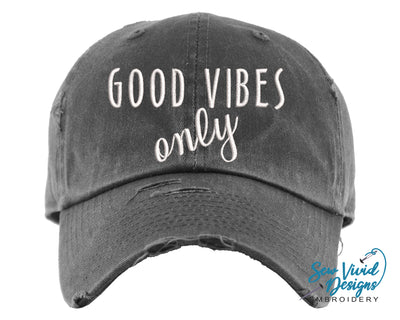 Good Vibes Only Distressed Baseball Cap OR Ponytail Hat - Sew Vivid Designs