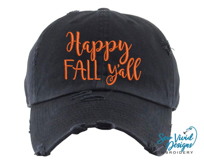 Happy Fall Y'all Hat | Distressed Baseball Cap OR Ponytail Hat - Sew Vivid Designs