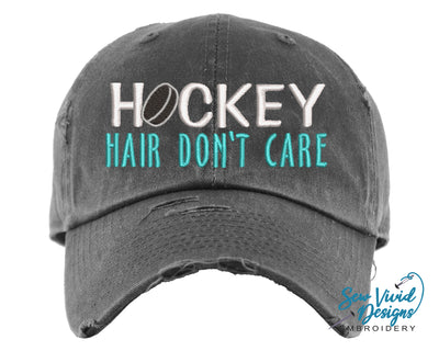 Hockey Hair Don't Care Hat | Distressed Baseball Cap OR Ponytail Hat - Sew Vivid Designs