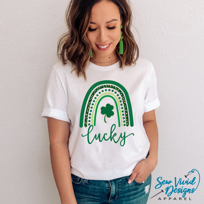 Lucky St. Patrick's Day Shirt with green rainbow and shamrock