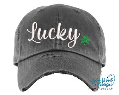 Lucky with Shamrock Hat | Distressed Baseball Cap OR Ponytail Hat - Sew Vivid Designs