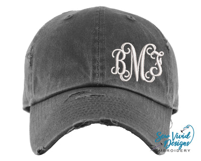 Monogrammed (Offset) Distressed Baseball Cap OR Ponytail Hat - Sew Vivid Designs