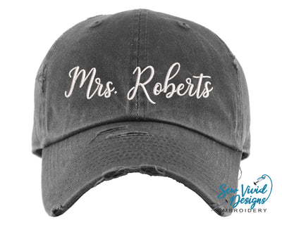 Mrs. Hat with Last Name | Distressed Baseball Cap OR Ponytail Hat - Sew Vivid Designs