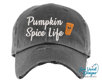 Pumpkin Spice Life Hat | Distressed Baseball Cap OR Ponytail Hat - Sew Vivid Designs