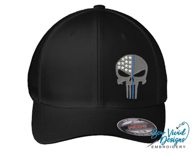 Thin Blue Line Punisher Skull FlexFit Hat - Sew Vivid Designs