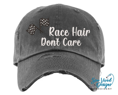 Race Hair Don't Care Hat | Distressed Baseball Cap OR Ponytail Hat - Sew Vivid Designs