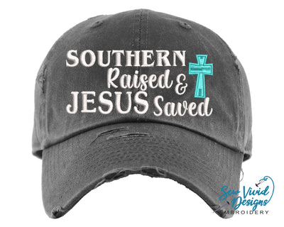 Southern Raised & Jesus Saved Hat | Distressed Baseball Cap OR Ponytail Hat - Sew Vivid Designs