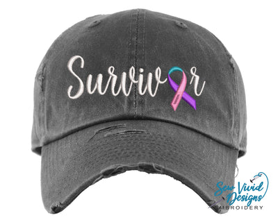 Thyroid Cancer Survivor Ribbon Hat | Distressed Baseball Cap OR Ponytail Hat - Sew Vivid Designs
