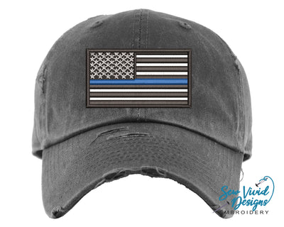Thin Blue Line Distressed Baseball Cap OR Ponytail Hat - Sew Vivid Designs