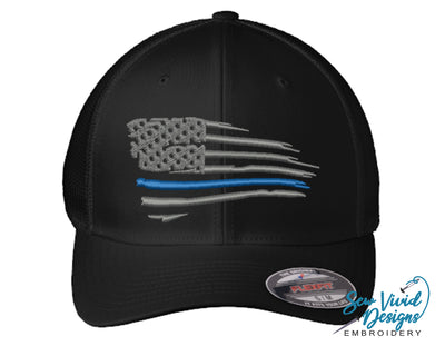 Waving Thin Blue Line Flag FlexFit Hat - Sew Vivid Designs