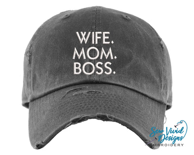 Wife. Mom. Boss Hat | Distressed Baseball Cap OR Ponytail Hat - Sew Vivid Designs